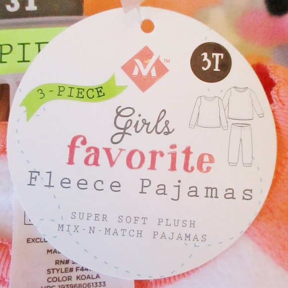 NWT!! Members Mark Girls 3 piece Fleece Pajama Set, Koala, Pink, Blue, Size 3T - Picture 9 of 12
